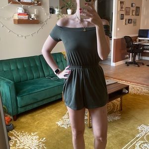 Olive Green Off The Shoulder Short-Sleeve Romper